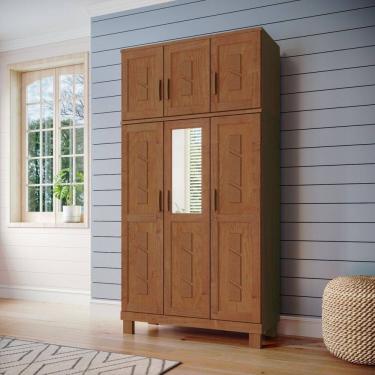 Imagem de Guarda-roupa 6 Portas com Espelho e Aplique Madeira Maciça Linha Cobre Castanho