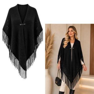Imagem de Poncho Feminino em Tricot Premium com Franjas Elegante Inverno Luxo (1