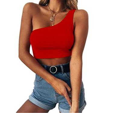 Imagem de WSLCN Top cropped feminino sexy de um ombro só, camisetas cropped básicas slim, Vermelho, Small