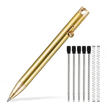 Imagem de KeyUnity KP00 Caneta esferográfica de liga de titânio com refis de bônus, caneta esferográfica retrátil de bolso para uso diário assinatura, ponta fina, tinta preta (latão)