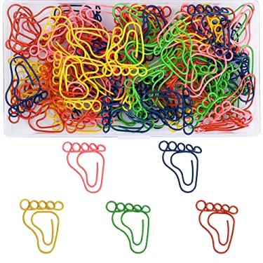 Imagem de 100 peças de clipes de papel de pegada criativa de arco-íris cores sortidas, lindas marcas de metal em forma de marcador de página para festa, convite, cartão de estudante, caderno, acessórios de escritório, organização de documentos