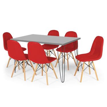 Imagem de Conjunto Mesa de Jantar Hairpin 130x80 Volpi com 6 Cadeiras Eiffel Botonê - Vermelho