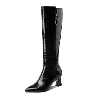 Imagem de TinaCus Botas femininas feitas à mão em couro genuíno em relevo transparente bico fino salto médio carretel lateral zíper clássico preto cano alto, Preto, 10