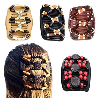 Imagem de Pentes de cabelo mágico Gofypel, pentes duplos elásticos para cabelo com pentes laterais de madeira e acessórios de cabelo para mulheres moda estilos de cabelo 4 peças cor aleatória