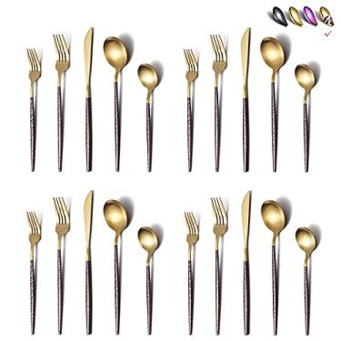 Imagem de Conjunto de talheres de aço inoxidável, conjunto de talheres de aço inoxidável, conjunto de talheres com cabo de superfície da lua e cabeça de ouro fosco, conjunto de talheres de aço inoxidável, conjunto de utensílios e serviço para 8