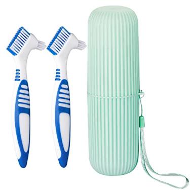 Imagem de Escova de dentadura com cabeça de cerdas duplas, escova de limpeza dentária com suporte de copo de escova de dentes portátil, aparelho oral de limpeza adequada