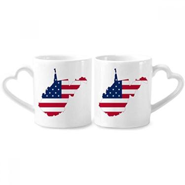 Imagem de Conjunto de canecas de porcelana para casais, mapa do oeste da Virgínia dos EUA, estrelas, listras, formato de bandeira de