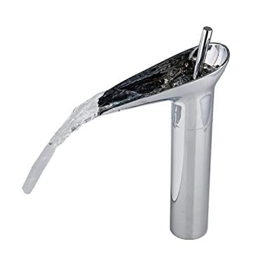 Imagem de LIDON Torneira de vaidade Torneira antiga Torneira de cachoeira Torneira de vaidade do banheiro Torneiras de cachoeira de furo único para pia de banheiro Torneira de cachoeira de latão antigo para pia, preto (cor: cromado)