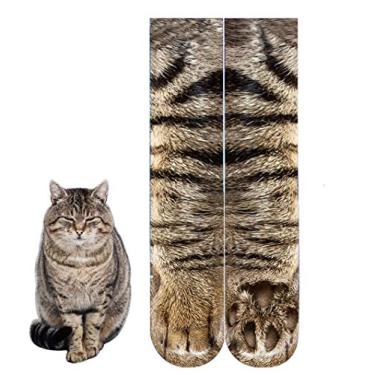 Imagem de Bontouch jour Meias criativas unissex masculinas e femininas divertidas com estampa de animais com estampa 3D e estampa de pés de animal, meias de cano médio - Gato cinza