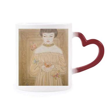 Imagem de Vestido de borboleta de beleza com pintura chinesa sensível ao calor, caneca de grés que muda de cor vermelha