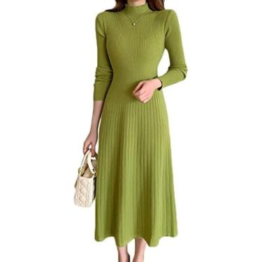 Imagem de Vestido Suéter Feminino Com Gola Alta Manga Comprida Canelado Elegante Slim Fit Tricotado Vestido Lápis Longo,Verde,M,Pleasant63