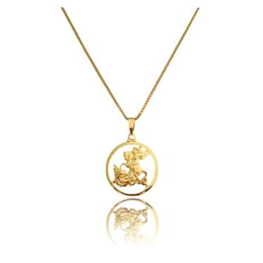Imagem de Colar Cordão Corrente Correntinha Gargantilha Feminina e Pingente São Jorge Guerreiro Banhado a Ouro 18k