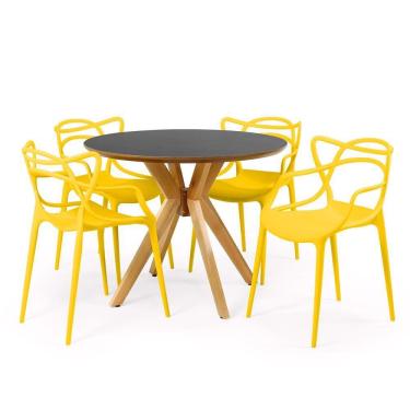 Imagem de Conjunto Mesa de Jantar Redonda Marci Premium Preta 100cm com 4 Cadeiras Allegra - Amarelo