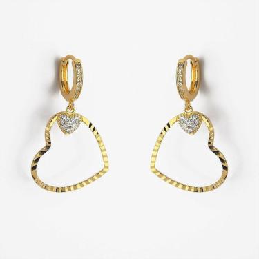 Imagem de Brincos Delicados De Argola Com Coração Trabalhado Banhado A Ouro 18k