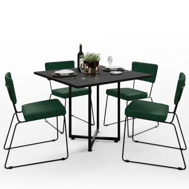 Imagem de Mesa de Jantar Rivera Preto 90cm com 04 Cadeiras Industrial Allana F01 Couríssimo Verde - Lyam
