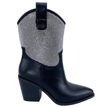 Imagem de Frankie Hsu Botas femininas de cowboy ocidental com strass Chelsea cano alto amêndoa preta salto médio grosso moda prata clássica panturrilha larga tamanho grande bota sem fecho, Preto, 7