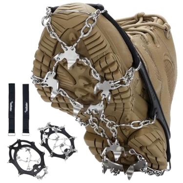Imagem de Crampons 19 pontas com corrente de aço inoxidável para gelo e neve, sistema de travas de tração, proteção segura para caminhar, correr, escalar, caminhar na neve e no gelo, correntes de botas para