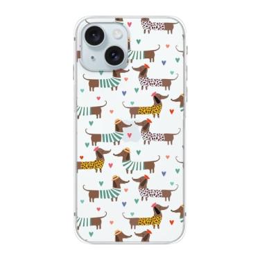 Imagem de Blingy's Capa para iPhone 15, adorável estilo de cachorro Dachsund com estampa de corações, design animal fofo, capa protetora transparente de TPU macio transparente de 6,1 polegadas (Dachsunds em