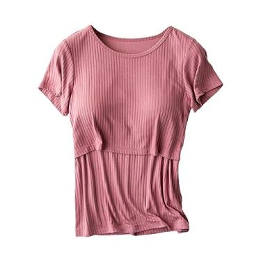 Imagem de Camiseta feminina de malha canelada de cor sólida manga curta gola redonda Camiseta de amamentação, Vermelho melancia, M