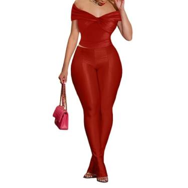 Imagem de Rimhold Conjunto de calça feminina sexy de verão de 2 peças, ombro de fora, nó torcido, blusa de manga curta e calça rodada ao corpo, roupa de boate, Vermelho, Small