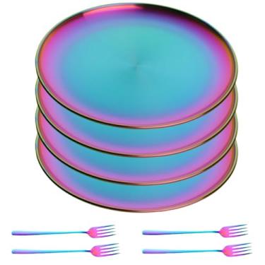 Imagem de JYJFGSFA Conjunto de pratos de jantar de aço inoxidável arco-íris com garfo, conjunto de 8, pratos de salada de sobremesa de metal colorido para comer jantar acampar, prato infantil inquebrável e reutilizável adequado para lava-louças