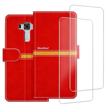 Imagem de ESACMOT Capa de celular compatível com Asus Zenfone 3 Laser ZC551KL + [pacote com 2] película protetora de tela de vidro, capa protetora magnética de couro premium (5,5 polegadas) vermelha