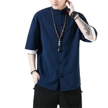 Imagem de Camiseta masculina de algodão e linho de manga curta masculina estilo chinês gola mandarim slim camisetas masculinas de verão, Azul marino, XXG