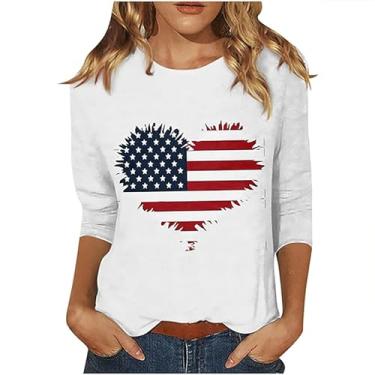 Imagem de Camisetas femininas 4th of July 4th of July Shirts Star Stripes 3/4 Sleeve Patriotic Tops Going Out Tops 2024, Branco - D, G