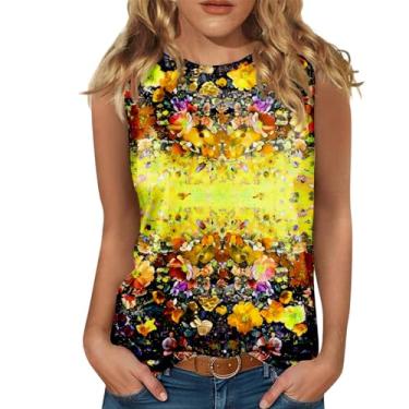 Imagem de Regatas frente única para mulheres, gola alta, sem mangas, estampa floral, camisetas casuais de verão 2024 Boho Dressy Vest, Amarelo, XXG
