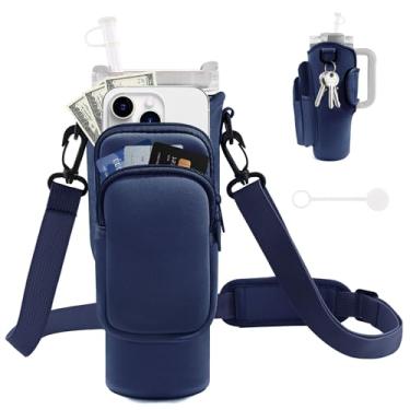 Imagem de JEBEALUO Bolsa de transporte para garrafa de água com bolso para telefone para copo Stanley 100 ml, suporte de garrafa de água com alça ajustável e capa de palha, acessórios para copos Stanley (azul