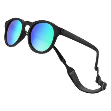 Imagem de LIU·WEN Óculos de sol redondos para bebês polarizados com alça - UV400 flexível para bebês meninos meninas de 0 a 24 meses, A7 Preto fosco / verde espelhado, Medium
