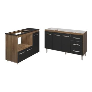 Imagem de Mobília Decor, Armário Cozinha Carine Gabinete de Pia 140 cm e Balcão Alana para Cooktop 5 Bocas e Forno ou Microondas Savana Preto
