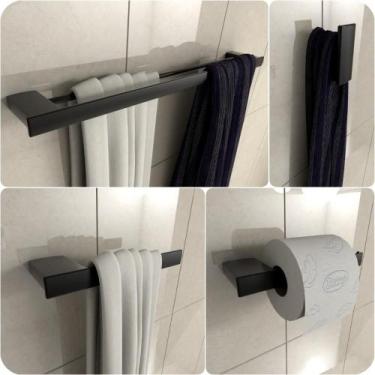 Imagem de Kit 4 Acessórios Para Banheiro Preto Master Toalheiro Duplo - CasaMóve