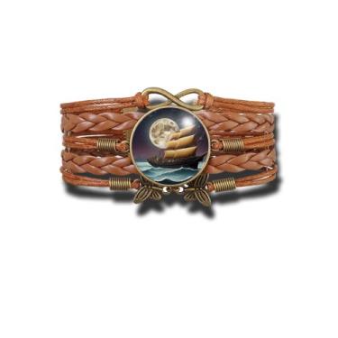 Imagem de Pulseira Feminina Lua Cheia, Navio e Mar Ajustável - RECANTO ASTRAL