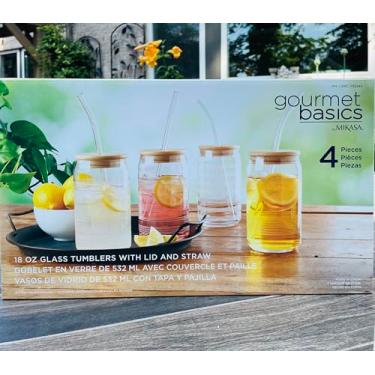 Imagem de Mikasa Conjunto de 4 copos de vidro com tampa de bambu e canudos para chá gelado, café gelado, coquetéis, sucos e bebidas