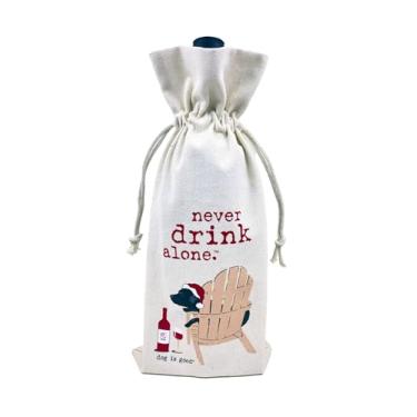 Imagem de Dog is Good Saco de presente de vinho "Never Drink Alone" – Bolsa de lona de algodão reutilizável resistente com cordões para garrafa de vinho de 750 ml, perfeita para presentear saquê de vinho para o