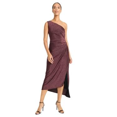Imagem de Maggy London Vestido feminino metálico brilhante de um ombro só, midi coquetel, cintura franzida e fenda lateral - vestido de festa para ocasiões especiais, rosa, 36