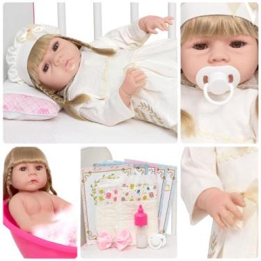 Imagem de Boneca Reborn Bebê Loira Realista 13 Itens Pode Dar Banho - Cegonha Re