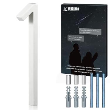 Imagem de VONDERSO Números de casa flutuantes de 15 cm para o exterior, endereço de metal branco moderno número 1, resistente a manchas e resistente a intempéries, acabamento revestido com pó de cristal branco
