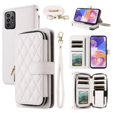 Imagem de Dswteny Argyle Capa carteira para Samsung Galaxy A23 5G/4G com alça de ombro, zíper flip couro PU suporte para cartão de crédito acessórios capa de celular para A 23 23A 6,6 mulheres meninas branca