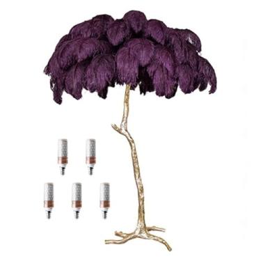 Imagem de Luminária de pé romântica moderna de penas para quarto, sala de estar, luminária de chão de penas de avestruz natural, corpo de lâmpada dourada, regulável com interruptor de pé