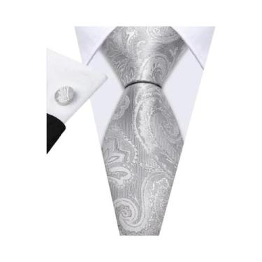 Imagem de Conjunto de Gravata e Abutões Masculinos - Seda Jacquard Preto, Branco