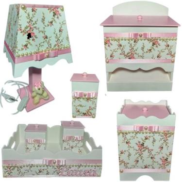 Imagem de Kit Higiene bebê Mdf menina 7 pçs - BRANCO FLORIDO PEROLAS TAMPAS ROSA