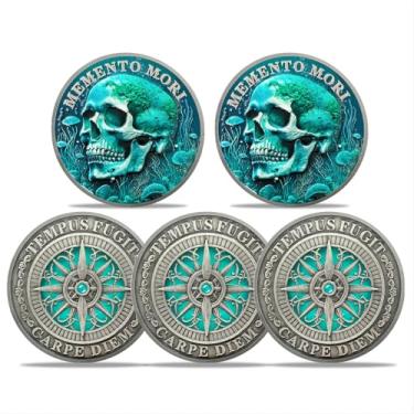 Imagem de RYUKENLM Pacote com 5 Moedas Memento Mori 3D Skull Challenge Coin Stoic Reminder Token Stoicism Gifts for Daily Practice Tempus Fugit Carpe Diem Coins