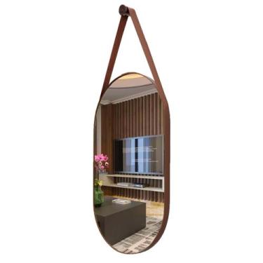 Imagem de Espelho com Alça 76x43 Oval Couro Decorativo Moderno - Diretoo, Carame