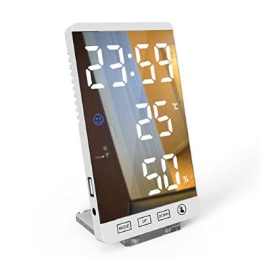 Imagem de SUMOR Despertador com espelho de 15 cm LED despertador com controle de toque, relógio digital de parede, visor de temperatura, umidade, USB, relógio de mesa para quarto, casa, relógio de mesa (preto