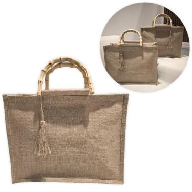 Imagem de Bolsa De Juta Palha Alça Bambu Feminina Praia Piscina Grande Bege - sh