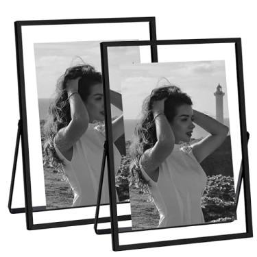 Imagem de eletecpro Conjunto de 2 porta-retratos de metal 12 x 17 cm com capa de vidro real, exibição de mesa para vários tamanhos até 13 x 17 cm, moldura preta flutuante para casamento, festa, decoração de