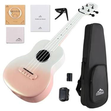 Imagem de Ukulele de concerto, kit de ukelele de fibra de carbono EASTROCK de 58 cm para crianças estudante adulto profissional, iniciante Uke com capa, alça, capo, cordas, rosa damasco gradiente