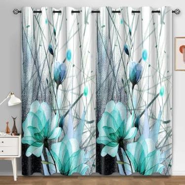 Imagem de Cortinas florais azul-petróleo com isolamento térmico, flores abstratas, linhas modernas, cortinas blackout para decoração de casa, cortinas de janela para quarto, sala de estar, 132 x 203 cm,